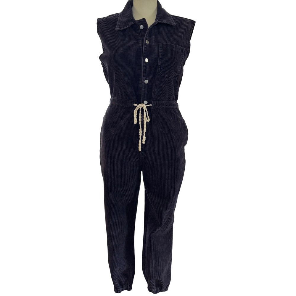 POL Dark Purple Blue Corduroy Utility Jumpsuit Jogger Pants Drawstring Waist L